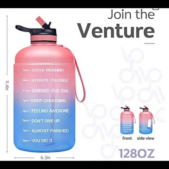A plastic gallon size water bottle in pink , and blue ombré color .